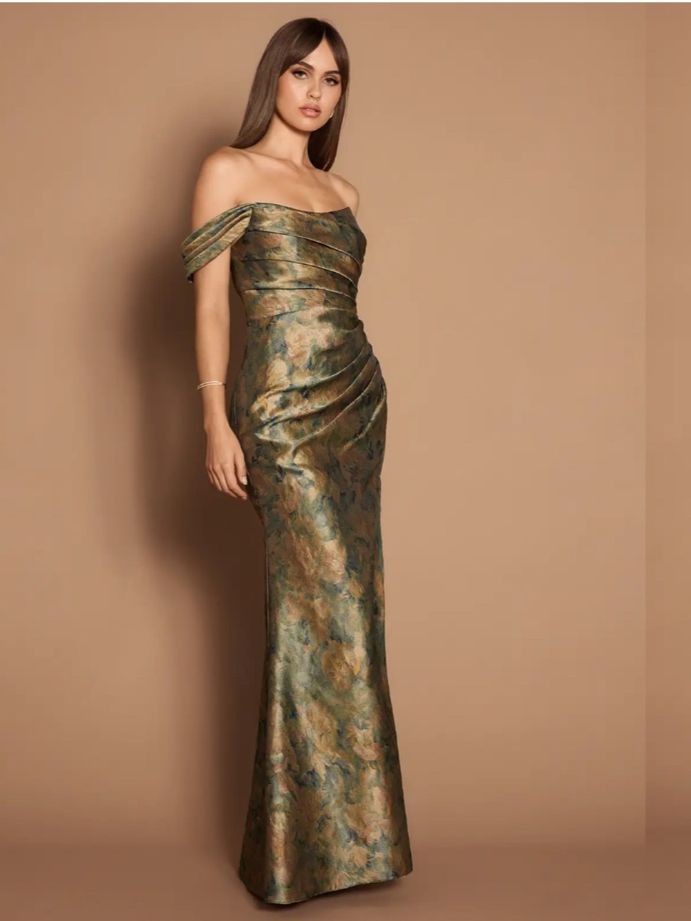 Azazie Off-Shoulder Brocade Green Metallic Evening Mermaid Gown Wedding Guest